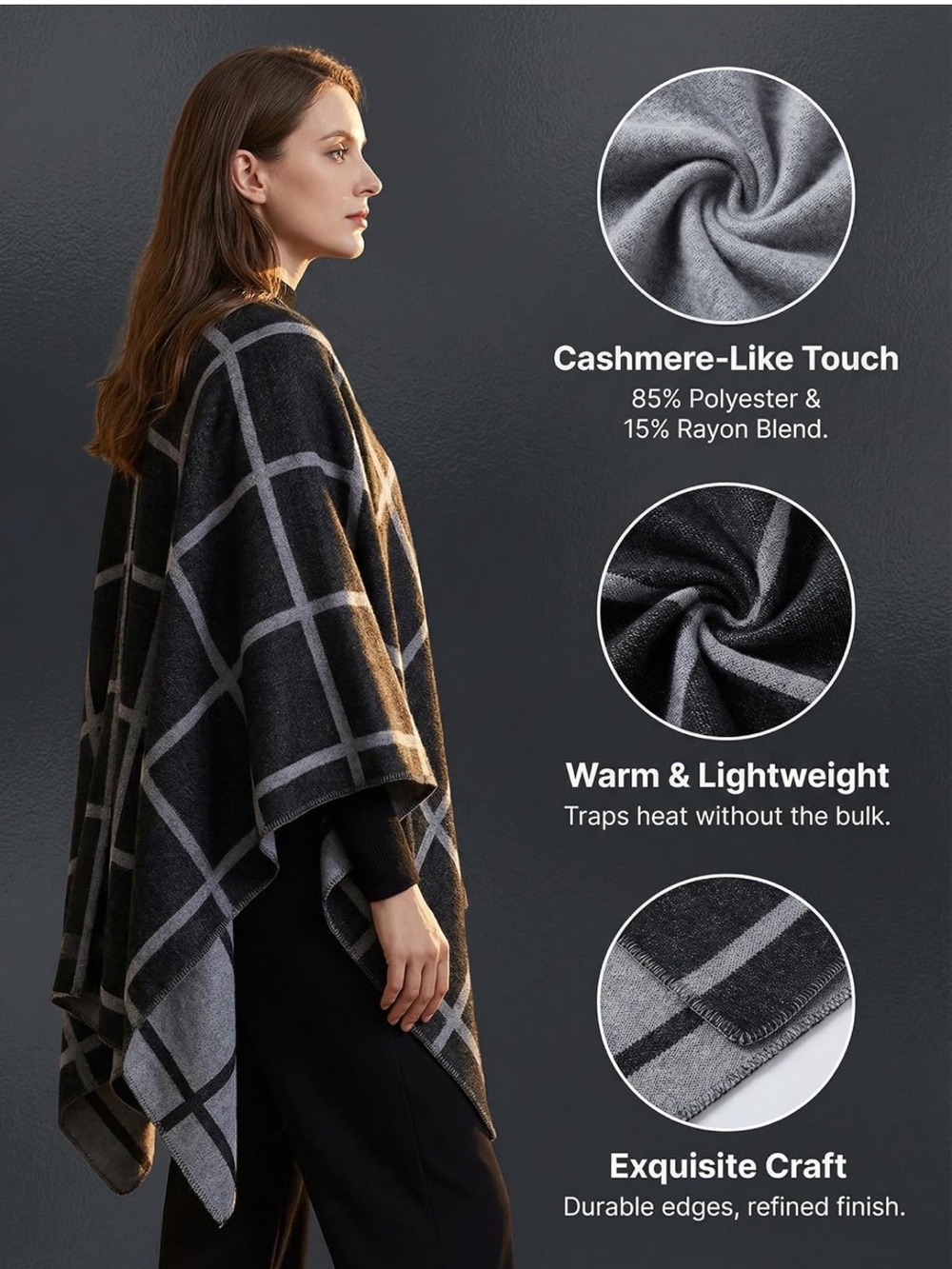 Windowpane Black/Grey Reversible Open Front Ruana Poncho - Picture 9 of 11